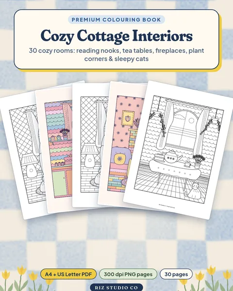 Cozy Cottage Interiors Colouring Book: 30 Cozy Room Scenes cozy room colouring page cover