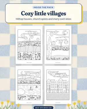 Cozy Village Colouring preview 1 village colouring page