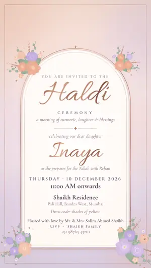 Pastel Floral haldi peach lilac e-invite template