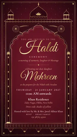 Royal Mughal haldi maroon e-invite template