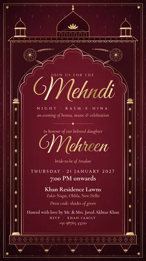 Royal Mughal mehndi maroon e-invite template