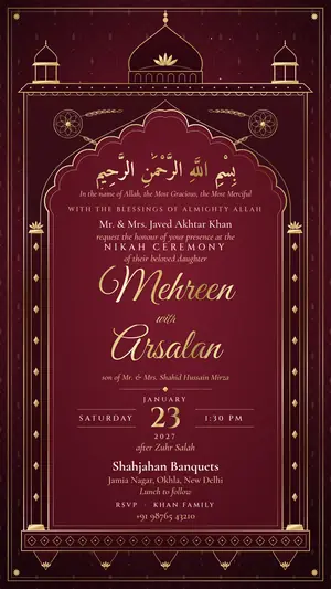 Royal Mughal nikah maroon e-invite template