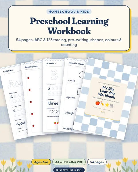 Preschool & Kindergarten Workbook: ABC, 123, Shapes & Colours (54 Pages) preschool worksheet cover