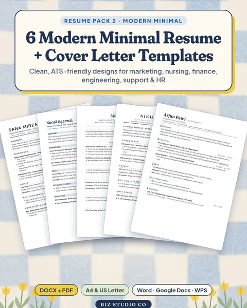 Resume Pack 2: 6 Modern Minimal Resume + Cover Letter Templates modern resume template cover